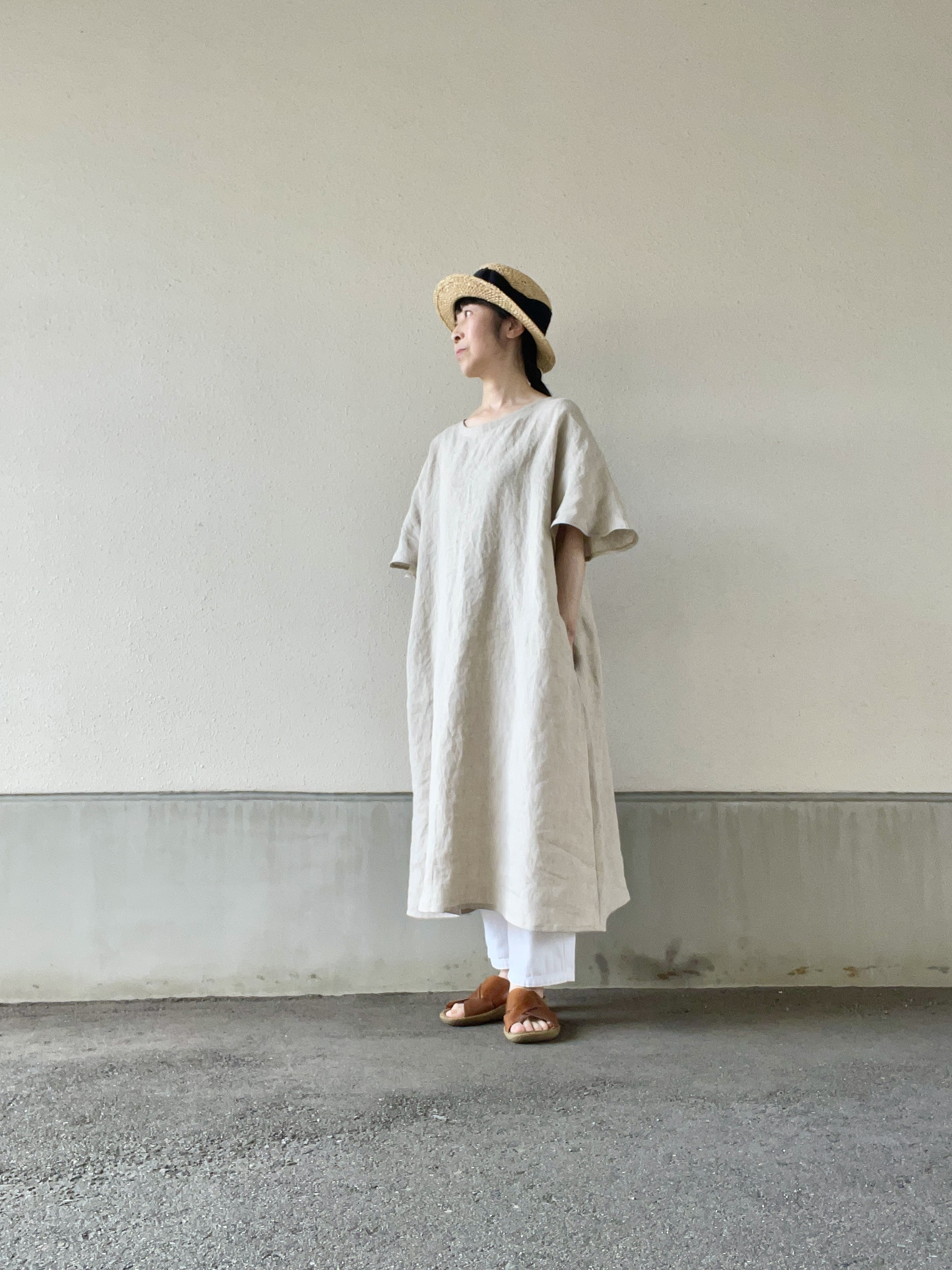 『creema限定』フレンチリネンシャンブレーフレア袖Aラインワンピース