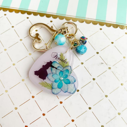 2409】剣道 水色のひな祭り紫陽花 ハート型キーホルダー 水色系ビーズ