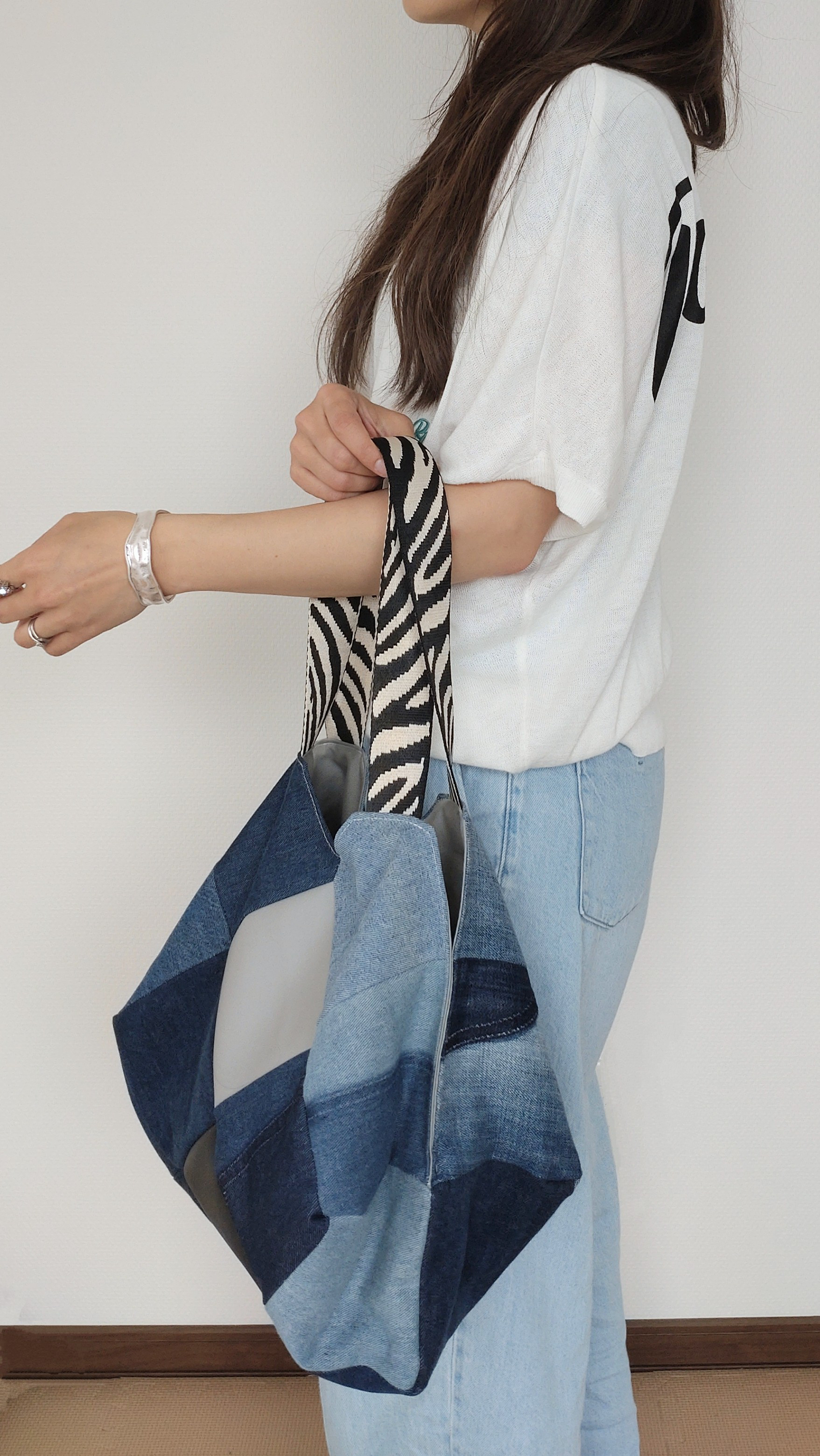 (ゼブラ柄) パッチワーク トートバッグ リメイクデニム 1点もの