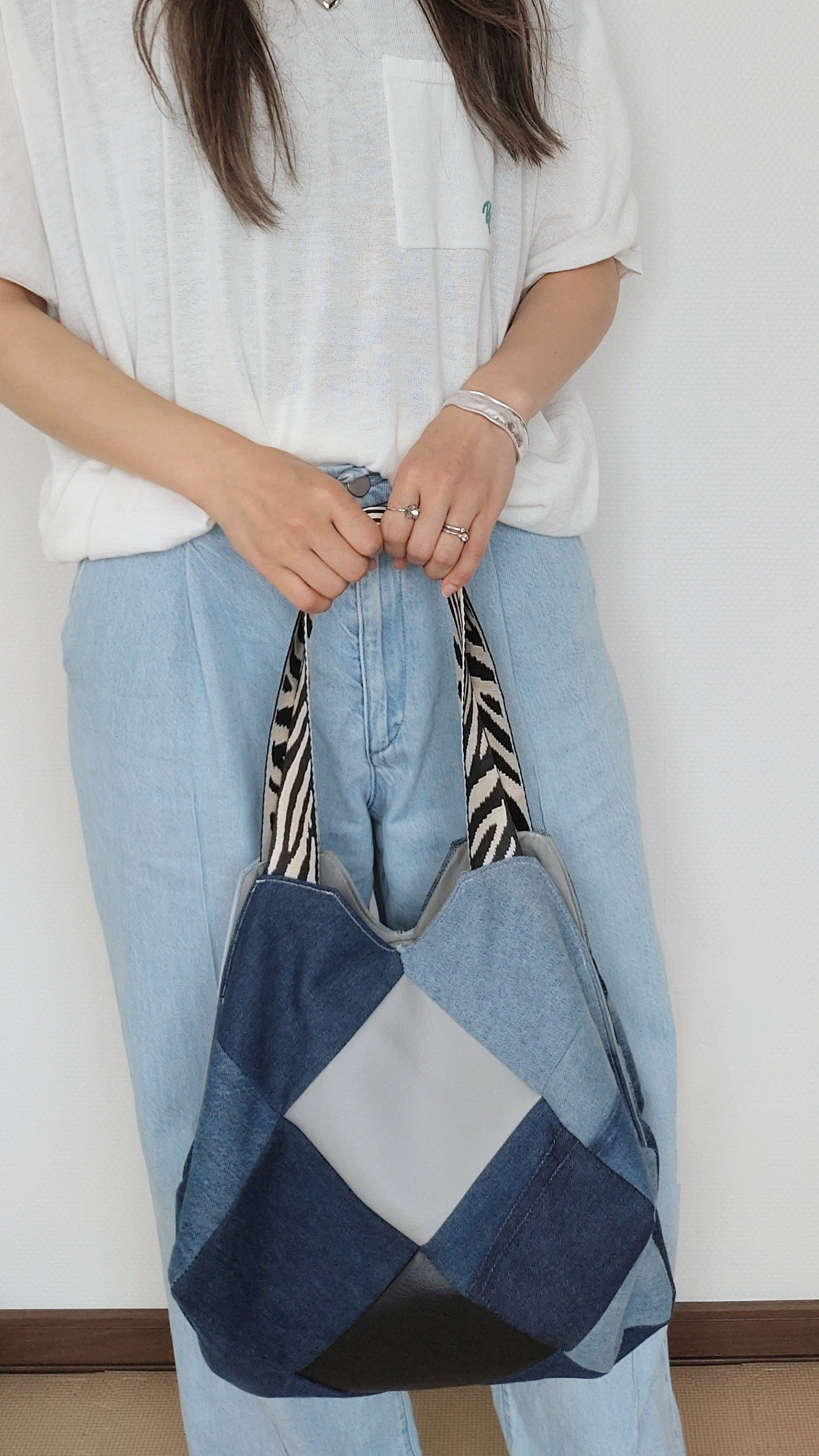 (ゼブラ柄) パッチワーク トートバッグ リメイクデニム 1点もの