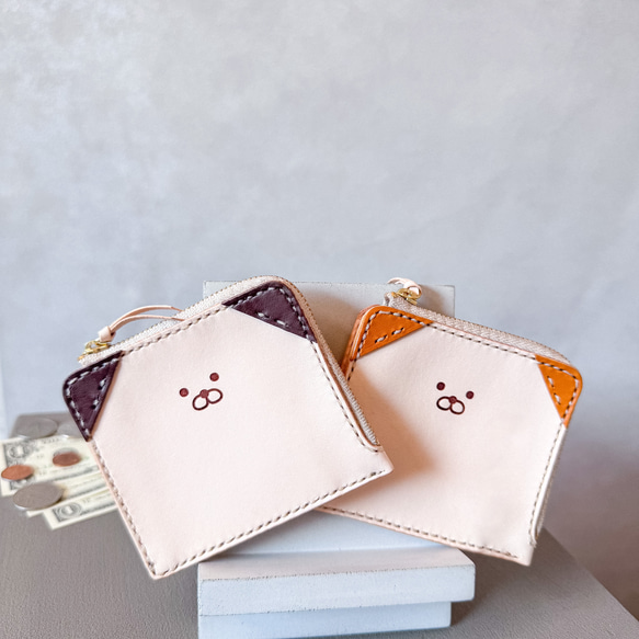 わんこデザイン♪ L字ファスナーのヌメ革ミニ財布《刻印名入れ可◎》 1枚目の画像