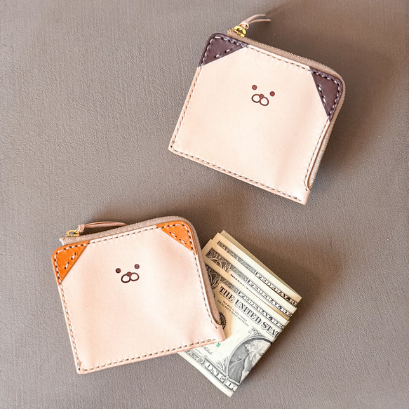 わんこデザイン♪ L字ファスナーのヌメ革ミニ財布《刻印名入れ可◎》 2枚目の画像