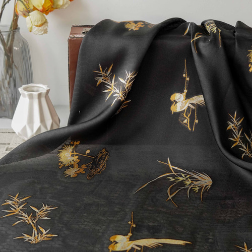 mass おしゃれ結び帯　ジャガード 長さ1m ジャガード生地 大判 花柄 鳥 黒ゴールド 綺麗 上品 布 きじ 色