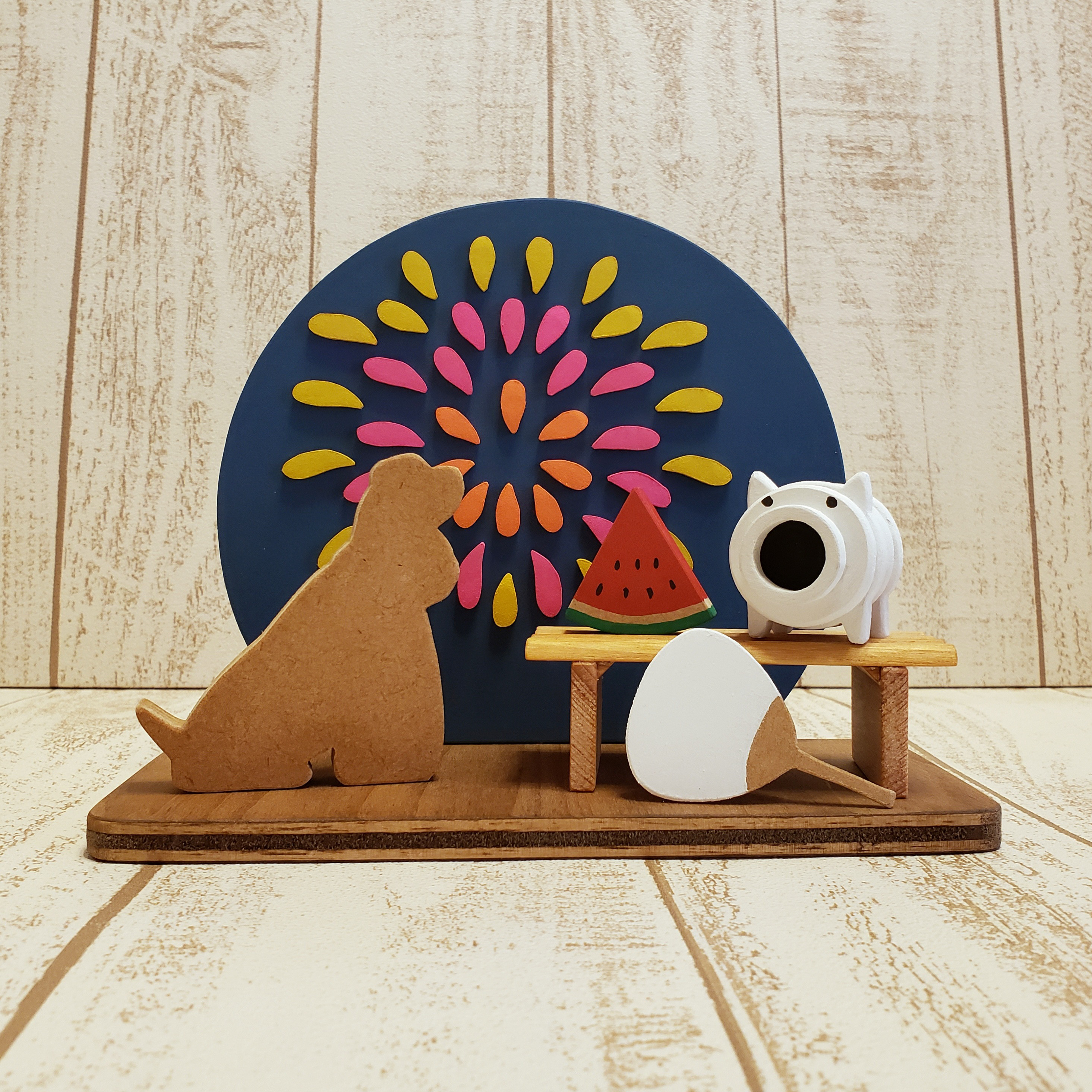 受注制作☆夕涼み☆花火とアメリカンコッカースパニエルの置物☆蚊遣り豚☆スイカ☆団扇☆夏☆動物・犬種の変更も色変更も可能！