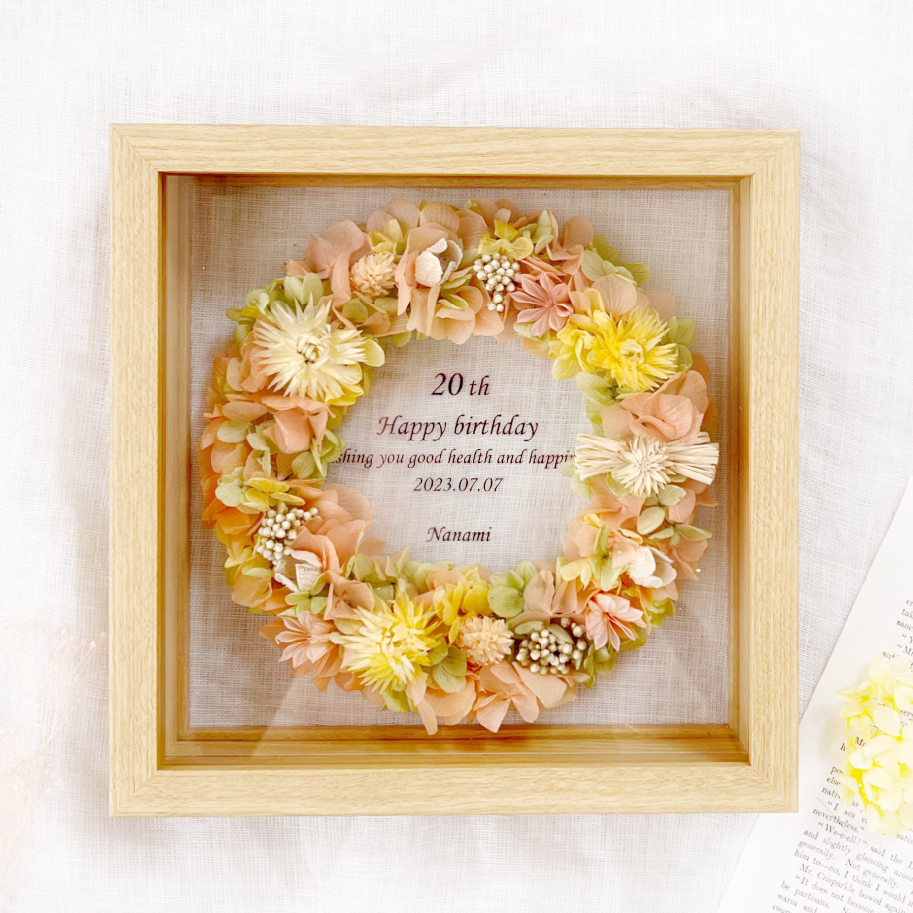 写真も飾れる＊全30種類　木製ガラスフレームリース　733プレシャスピンク　両親贈呈　還暦祝い　子育て感謝状