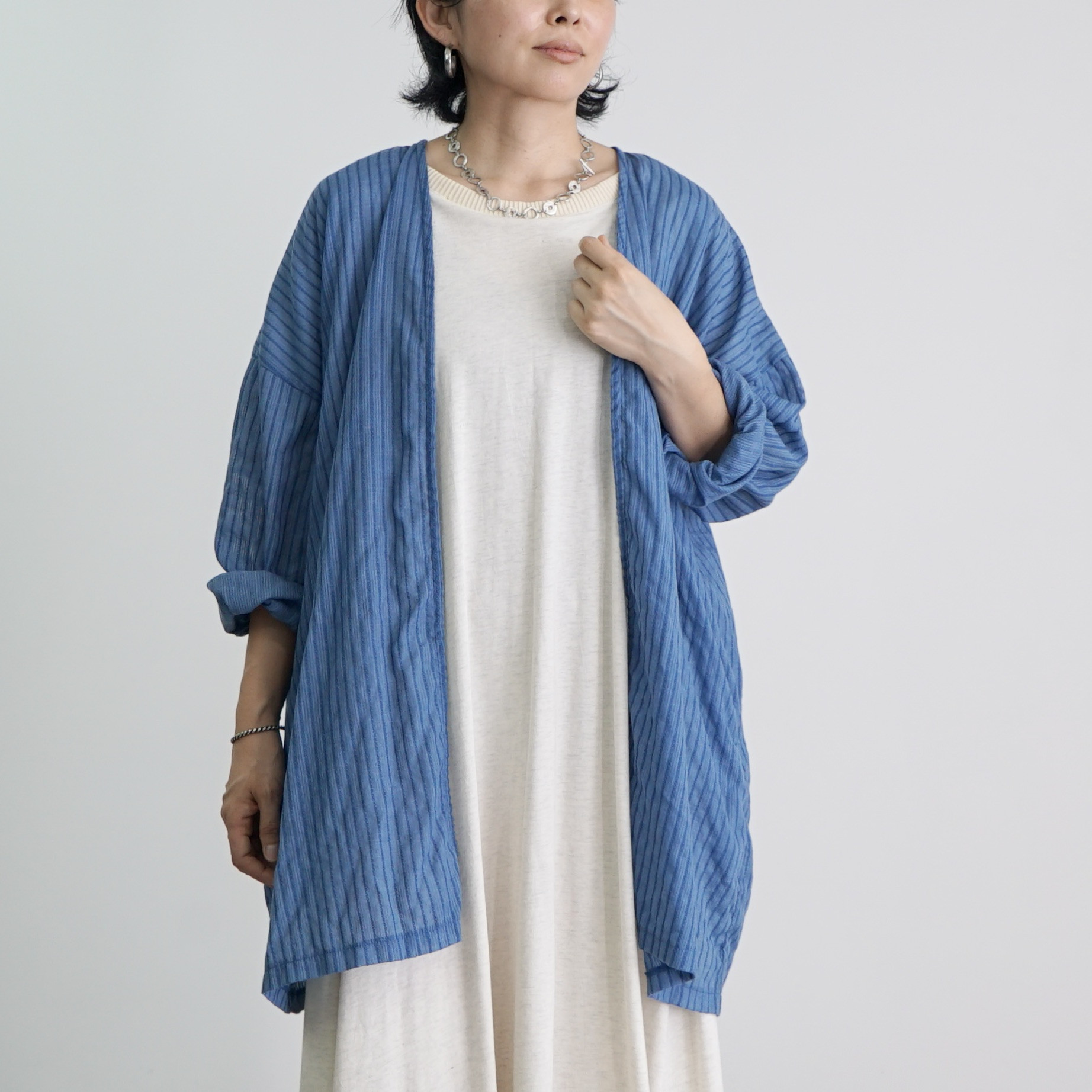 ストライプシースルー羽織/カラミ織/ライトブルー/知多木綿