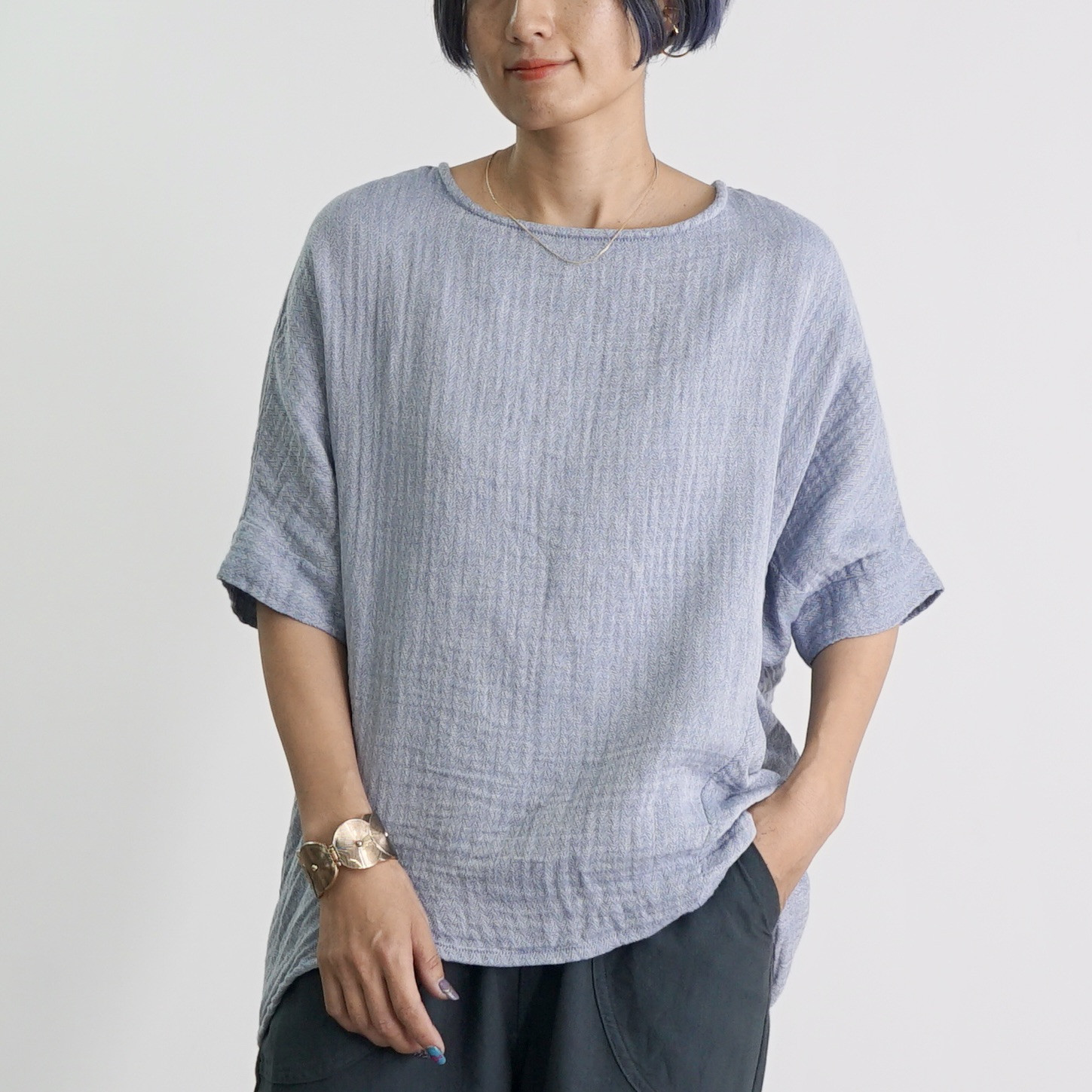 バルーンタックガーゼTシャツ/ブルー/ヘリンボーンガーゼ
