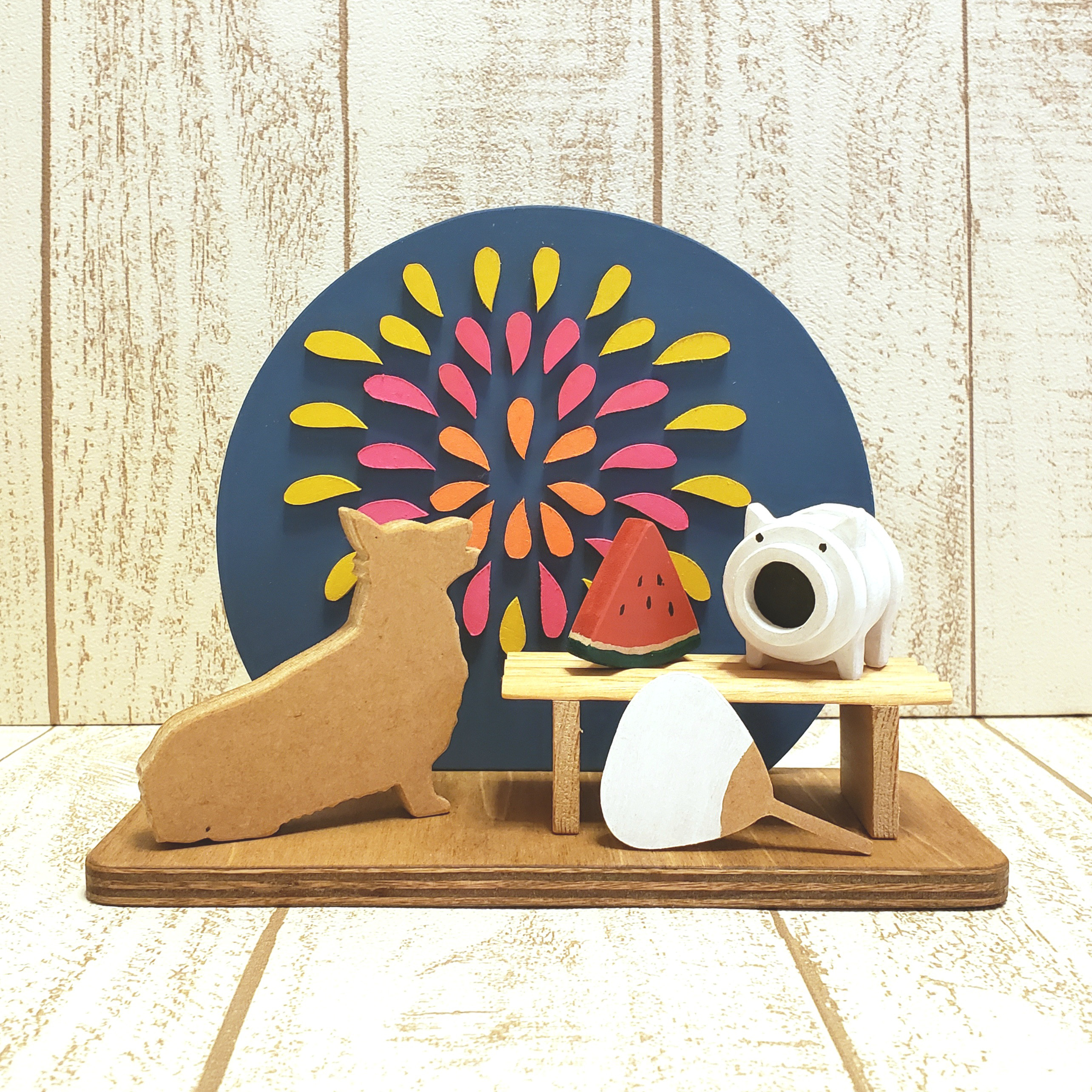 受注制作☆夕涼み☆花火とコーギーの置物☆蚊遣り豚☆スイカ☆団扇☆夏☆動物・犬種の変更も色変更も可能！