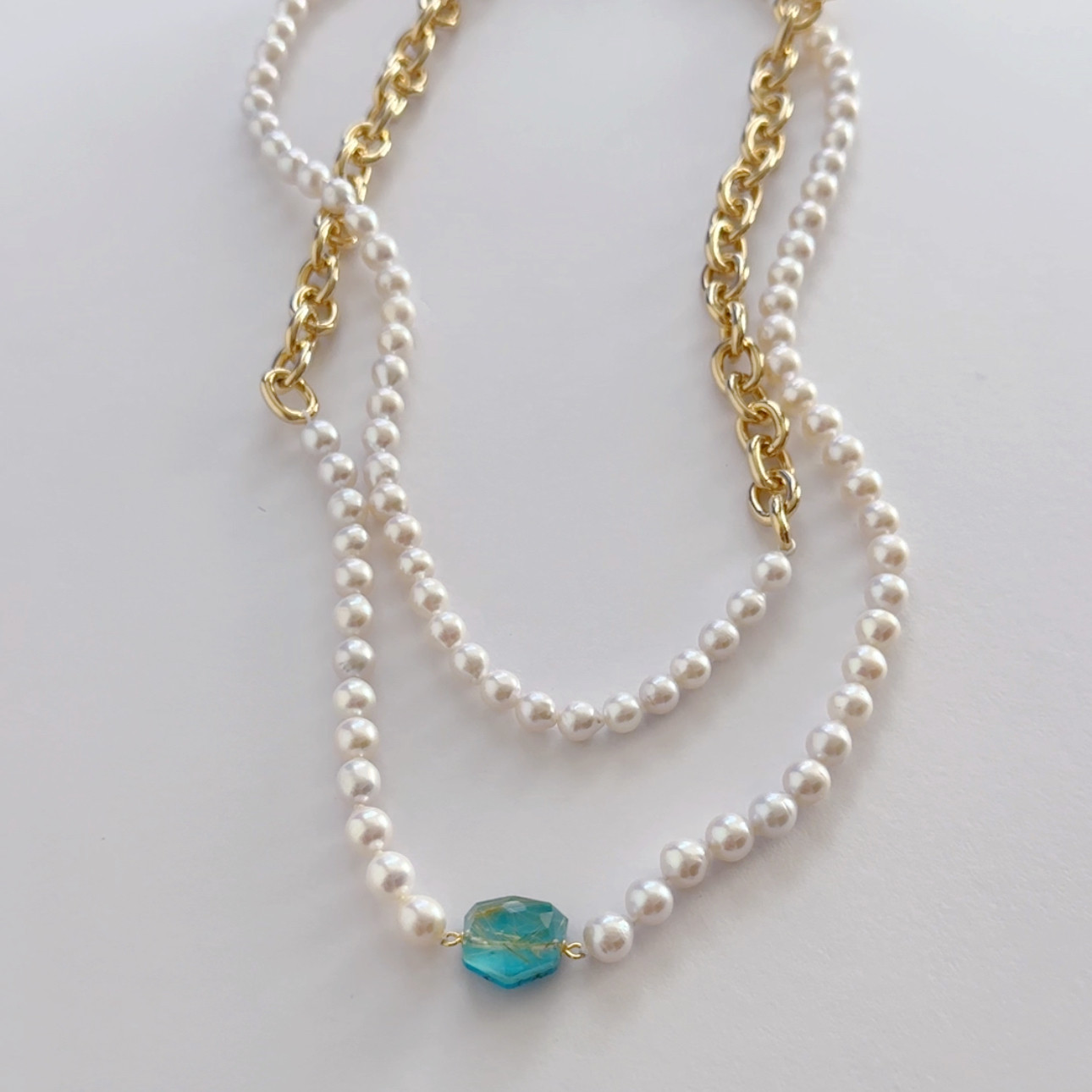 "celeste セレステ"  3way ロングパールネックレス　ターコイズ ルチルクォーツ　一点もの14.9×11.9