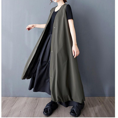 【ラス１カーキ】大きいサイズ ロング　ベスト　ジレ　レディース 新品　ワンピース ラス1カーキ】大きいサイズ ロング ベスト ジレ レディース 新品