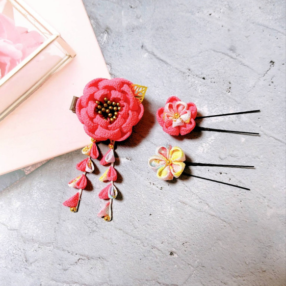 ☆和装ヘッドパーツ５点セット☆　つまみ細工　カメリアヘアクリップ　七五三　3歳　7歳　初節句　 1枚目の画像