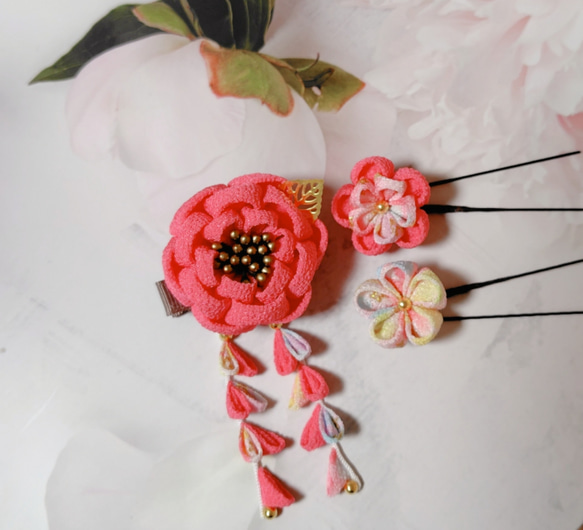 ☆和装ヘッドパーツ５点セット☆　つまみ細工　カメリアヘアクリップ　七五三　3歳　7歳　初節句　 7枚目の画像