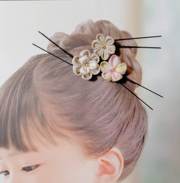 ☆和装ヘッドパーツセット☆　つまみ細工　カメリアヘアクリップ　七五三　3歳　7歳　初節句　成人式　和装 3枚目の画像