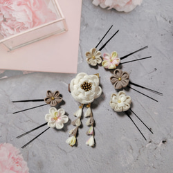 ☆和装ヘッドパーツセット☆　つまみ細工　カメリアヘアクリップ　七五三　3歳　7歳　初節句　成人式　和装 1枚目の画像