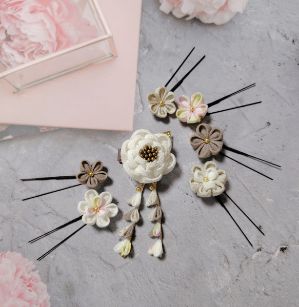 ☆和装ヘッドパーツセット☆　つまみ細工　カメリアヘアクリップ　七五三　3歳　7歳　初節句　成人式　和装 1枚目の画像