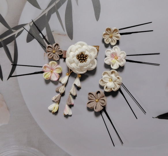 ☆和装ヘッドパーツセット☆　つまみ細工　カメリアヘアクリップ　七五三　3歳　7歳　初節句　成人式　和装 7枚目の画像