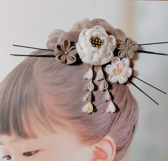 ☆和装ヘッドパーツセット☆　つまみ細工　カメリアヘアクリップ　七五三　3歳　7歳　初節句　成人式　和装 2枚目の画像