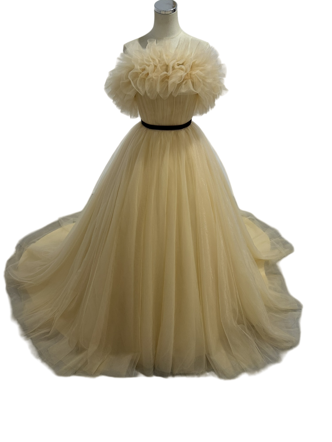 カラードレス シャンパン色  オフショル サッシュベルト ソフトチュール 優しい  ブライダル 前撮り