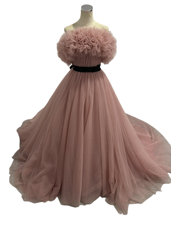 カラードレス 取り外しオフショルダー もも色　 ベルト 柔らかく重ねたチュールスカート ビスチェドレス  結婚式