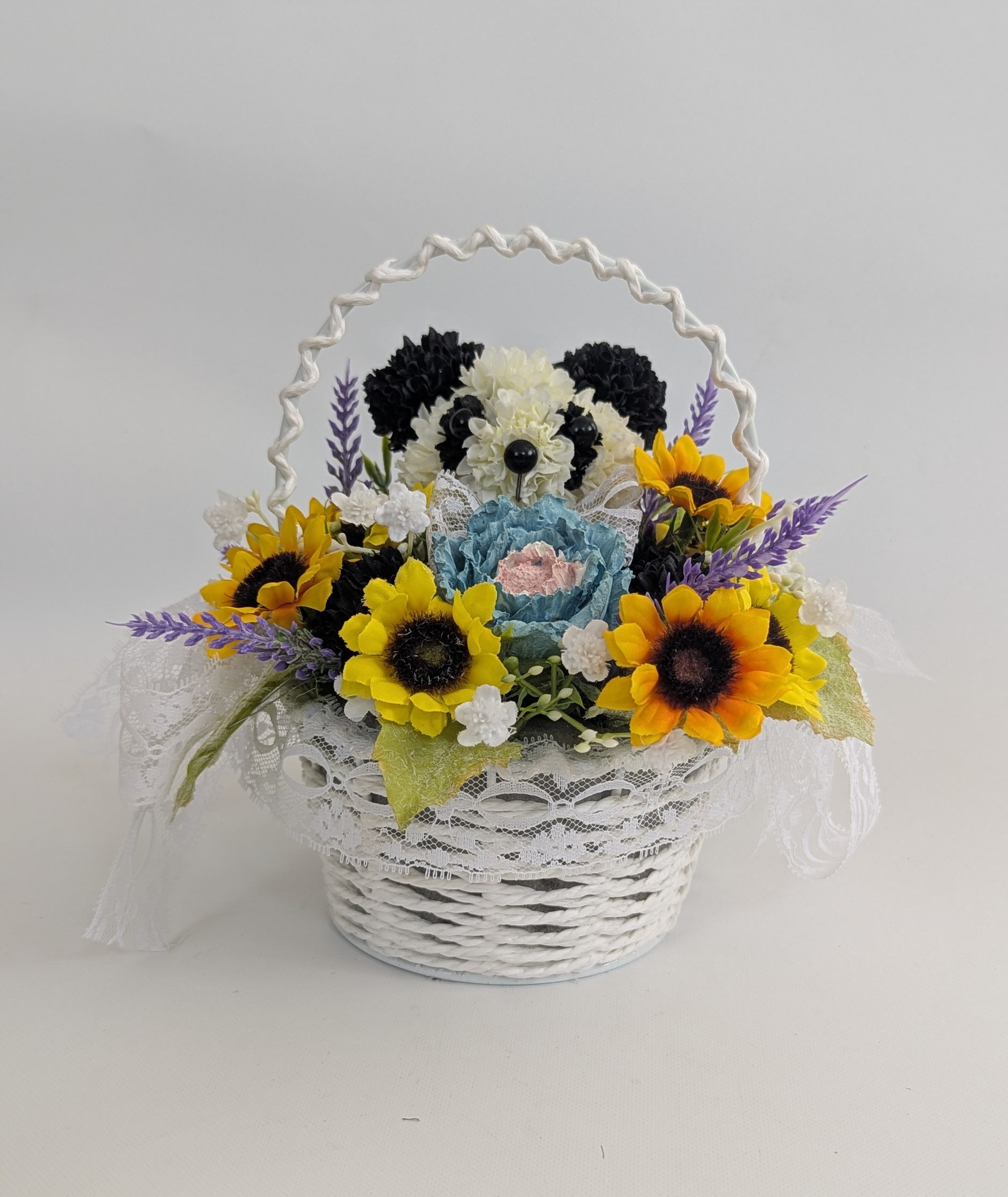 漆喰の花ラコッタ　ひまわりとパンダのバスケット