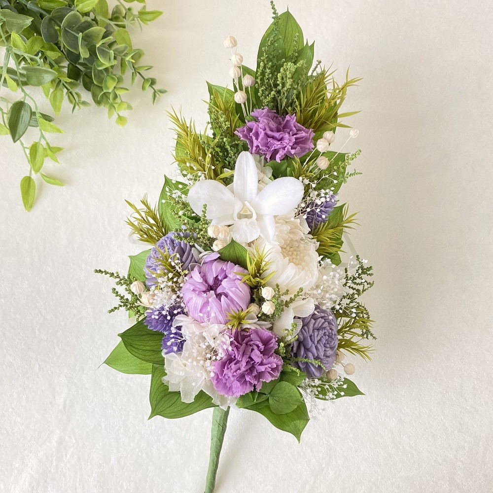 仏花　花器なし  輪菊のプリザーブドフラワーお供え仏花　束タイプ（ホワイト＆ライラック）
