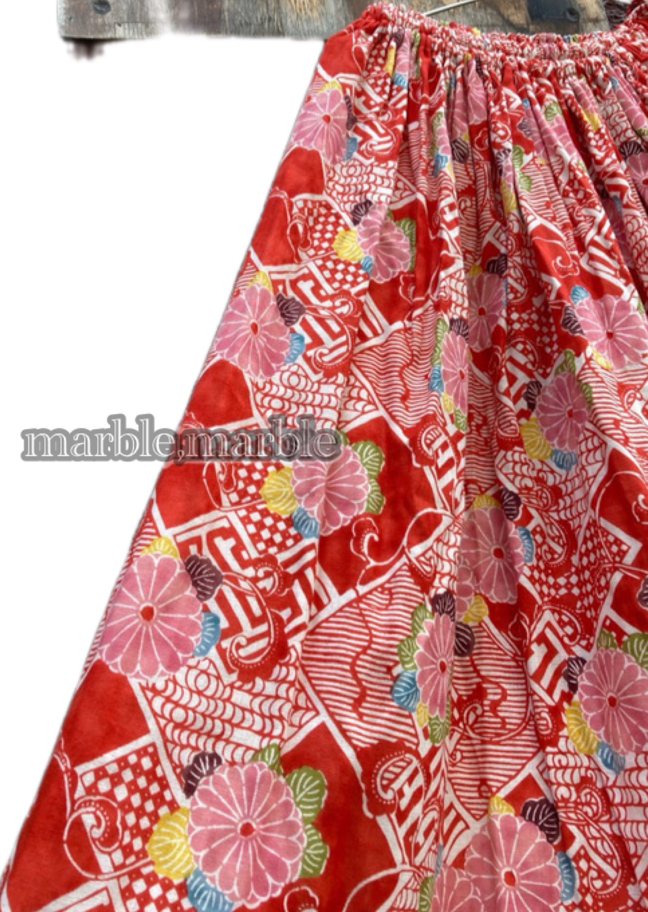 小紋　和モダン　和柄　和風　ギャザースカート　ガーゼスカート　ダブルガーゼ　【レッド】