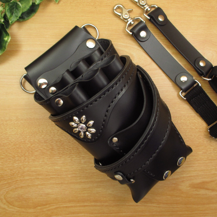 本革　６丁差し フラワースタッズ  シザーケース (オールブラック）　SCA-235/CKA