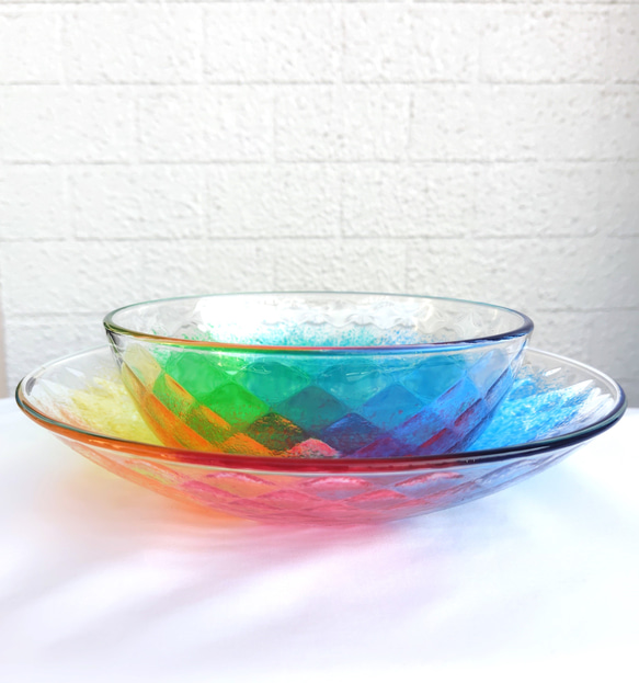 レインボー・虹色のガラスプレート・デザート皿・大皿（23.5cm） 大皿