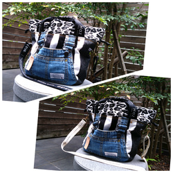 №744【overallDENIM✖️STRIPE✖️Leopard 巾着ToteBag⚮̈】】オーバーオールデニム♥ 15枚目の画像