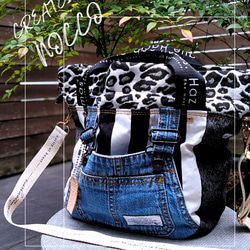 №744【overallDENIM✖️STRIPE✖️Leopard 巾着ToteBag⚮̈】】オーバーオールデニム♥ 3枚目の画像