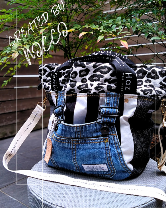 №744【overallDENIM✖️STRIPE✖️Leopard 巾着ToteBag⚮̈】】オーバーオールデニム♥ 3枚目の画像