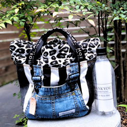 №744【overallDENIM✖️STRIPE✖️Leopard 巾着ToteBag⚮̈】】オーバーオールデニム♥ 10枚目の画像