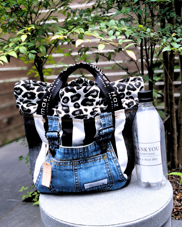№744【overallDENIM✖️STRIPE✖️Leopard 巾着ToteBag⚮̈】】オーバーオールデニム♥ 10枚目の画像