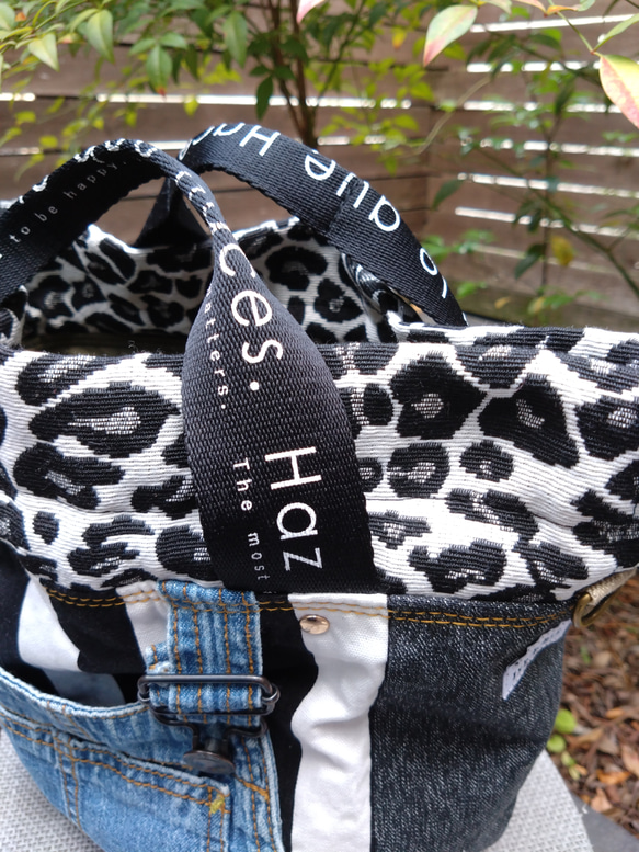 №744【overallDENIM✖️STRIPE✖️Leopard 巾着ToteBag⚮̈】】オーバーオールデニム♥ 11枚目の画像
