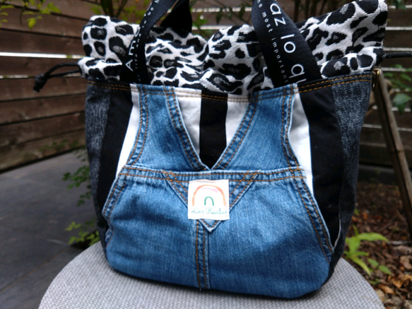 №744【overallDENIM✖️STRIPE✖️Leopard 巾着ToteBag⚮̈】】オーバーオールデニム♥ 7枚目の画像