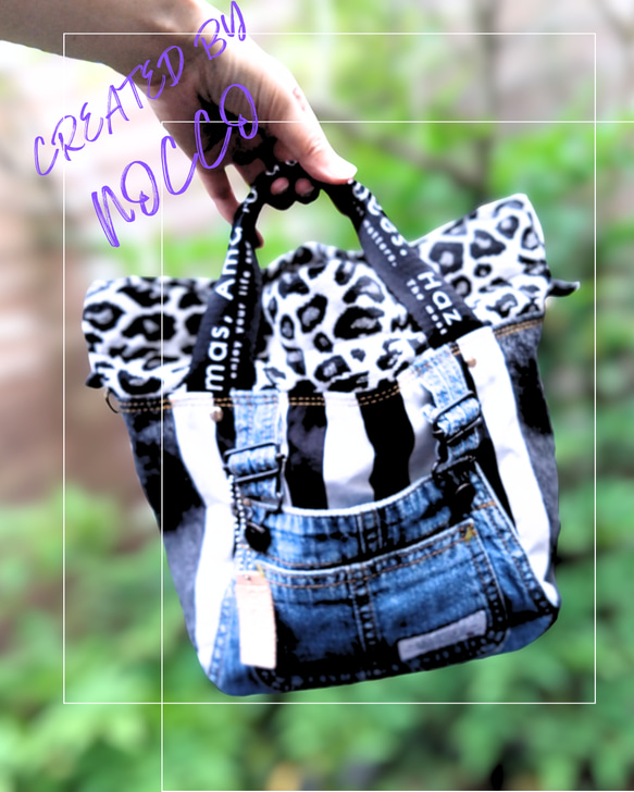 №744【overallDENIM✖️STRIPE✖️Leopard 巾着ToteBag⚮̈】】オーバーオールデニム♥ 1枚目の画像