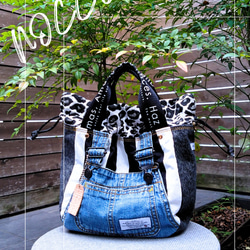 №744【overallDENIM✖️STRIPE✖️Leopard 巾着ToteBag⚮̈】】オーバーオールデニム♥ 17枚目の画像