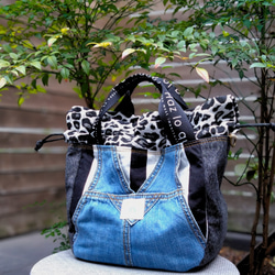 №744【overallDENIM✖️STRIPE✖️Leopard 巾着ToteBag⚮̈】】オーバーオールデニム♥ 6枚目の画像