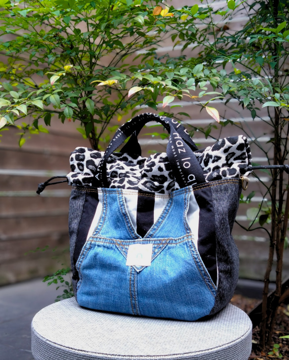 №744【overallDENIM✖️STRIPE✖️Leopard 巾着ToteBag⚮̈】】オーバーオールデニム♥ 6枚目の画像