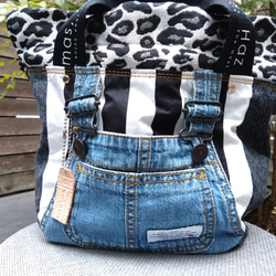№744【overallDENIM✖️STRIPE✖️Leopard 巾着ToteBag⚮̈】】オーバーオールデニム♥ 4枚目の画像
