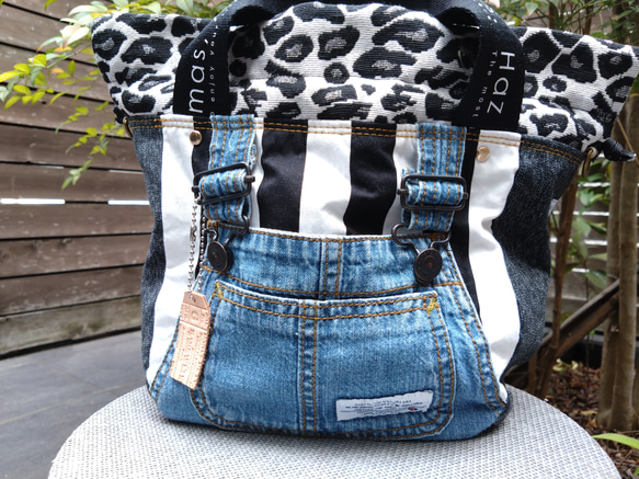 №744【overallDENIM✖️STRIPE✖️Leopard 巾着ToteBag⚮̈】】オーバーオールデニム♥ 4枚目の画像