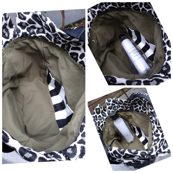 №744【overallDENIM✖️STRIPE✖️Leopard 巾着ToteBag⚮̈】】オーバーオールデニム♥ 13枚目の画像