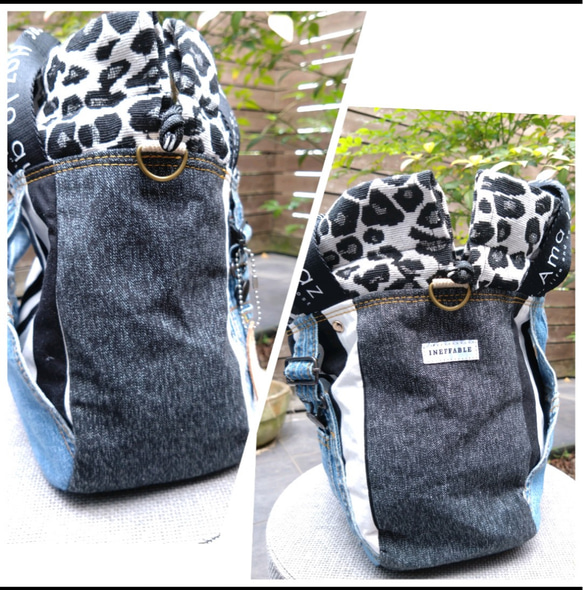 №744【overallDENIM✖️STRIPE✖️Leopard 巾着ToteBag⚮̈】】オーバーオールデニム♥ 9枚目の画像