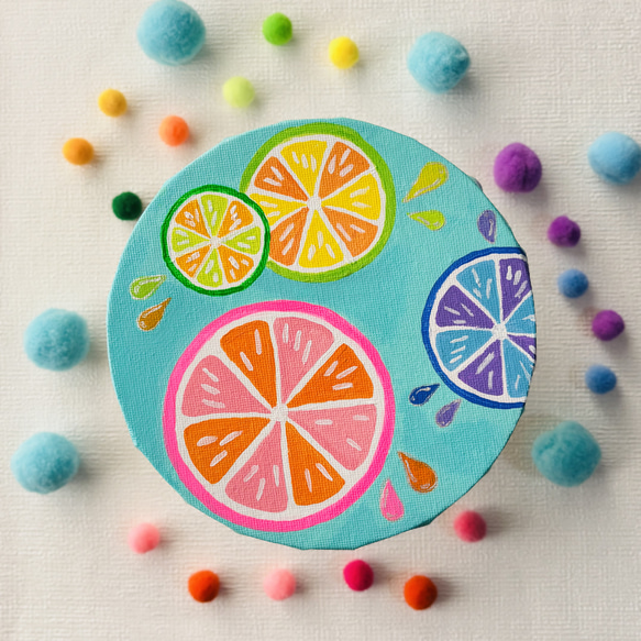 15cm丸】カラフルレモン キャンバスアート 原画 カラフル 色の力 運気