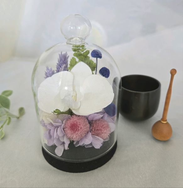 胡蝶蘭のコンパクトなガラスドーム入りお供え花P　丸い千日紅が可憐なプリザーブドフラワー仏花　仏壇　お盆　ミニ　ペットお供 8枚目の画像
