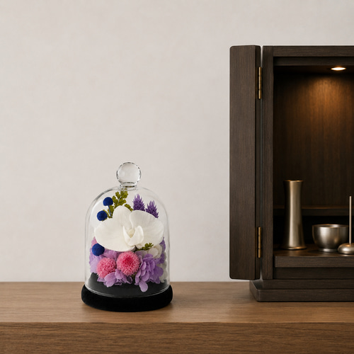 お供えガラスドーム プリザーブドフラワー 上品な胡蝶蘭の仏花 仏壇