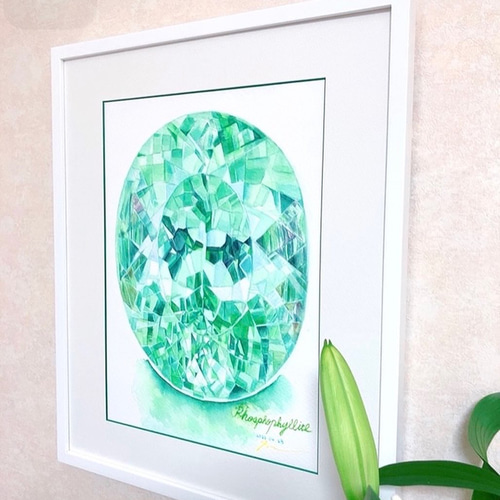 ✨宝石アート《原画》フォスフォフィライト 水彩画・額装済 ― 希少石の