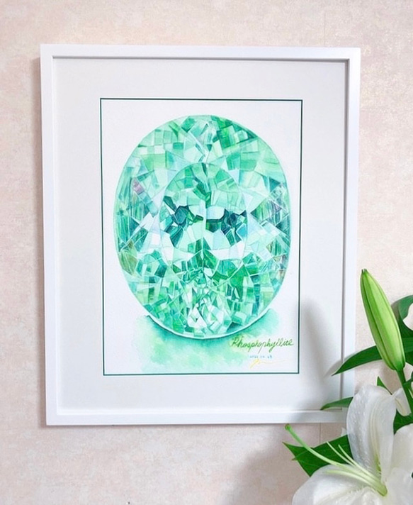 ✨宝石アート《原画》フォスフォフィライト 水彩画・額装済 ― 希少石の