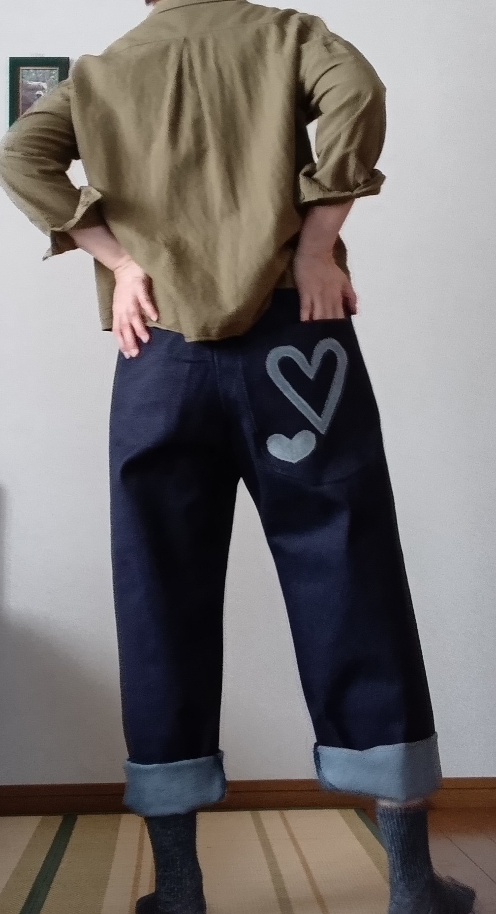 デニムパンツズボン新作ワイドパンツウエストゴムポケット可愛いハート