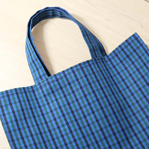 ファミリア風 ブルーグリーンチェック ネイビー 紙袋型トートバッグ